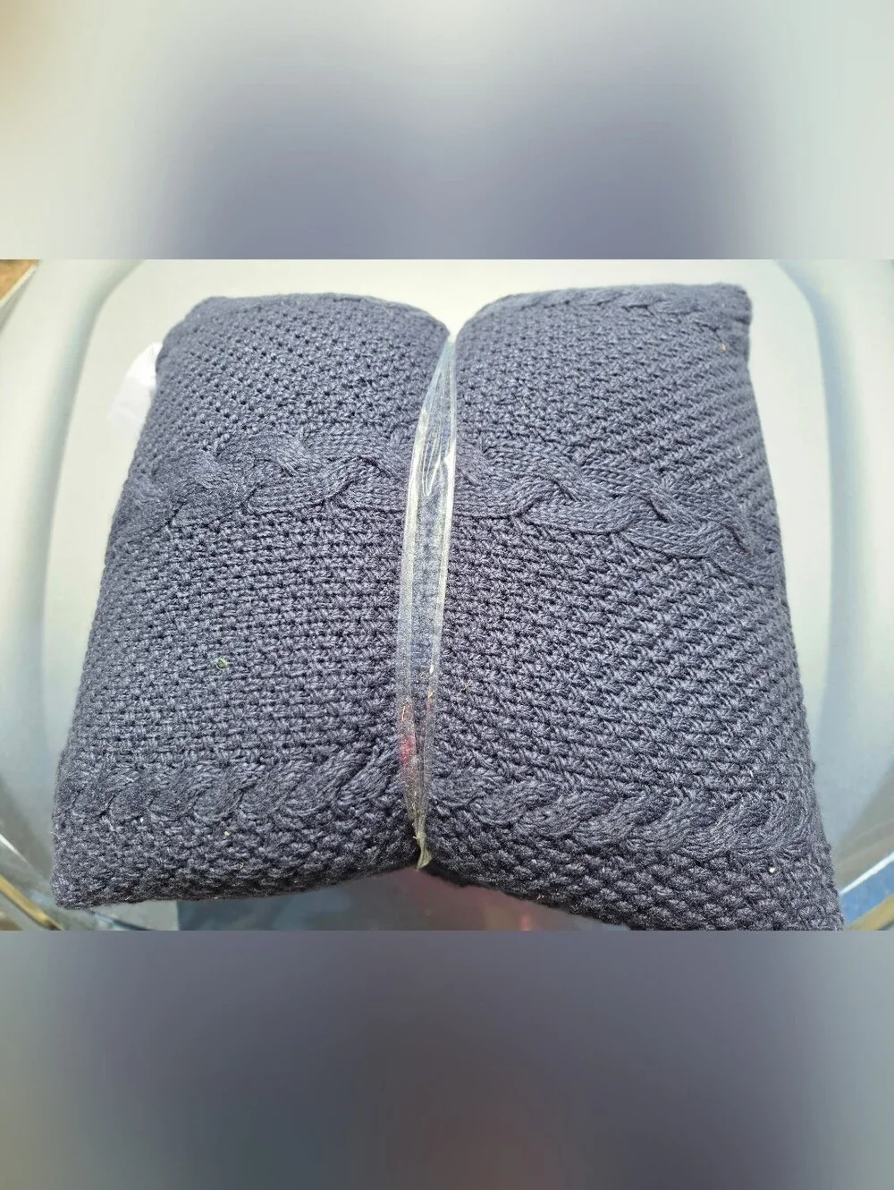 2 Handknit Navy Cable Accent Pillow Pair